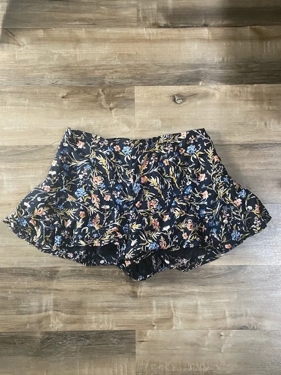 Kimchi Blue Black Floral Ruffle Shorts with Blue and Pink Accentst - Picture 1 of 10